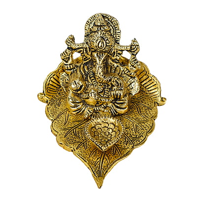 Ganesha On Leaf Deepak Small Gold